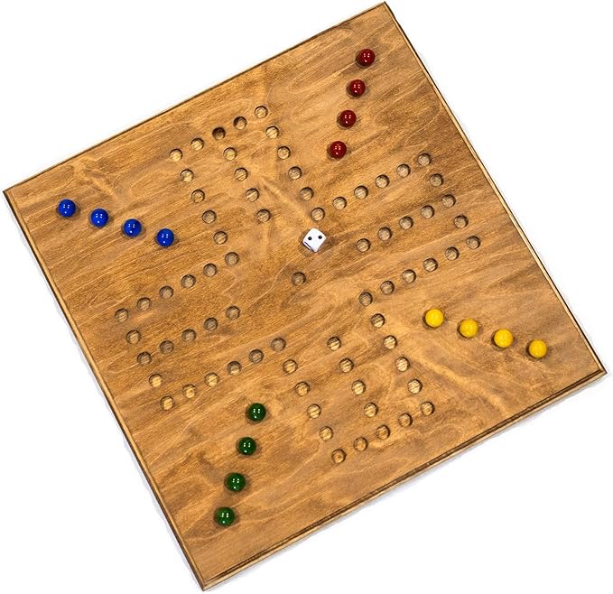 Handmade - Real Wood - Wahoo/Marbles 16x16 inch Board w/Marbles &amp dice - 4 Player (Stained)