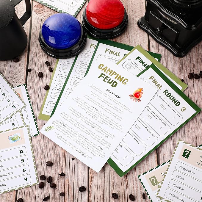 30 Pcs Camping Friendly Feud Game Set Camping Party Game Trivia Quiz with 18 Card 2 Buzzer for Adults Family Games Activities Party Supplies Battery Not Included