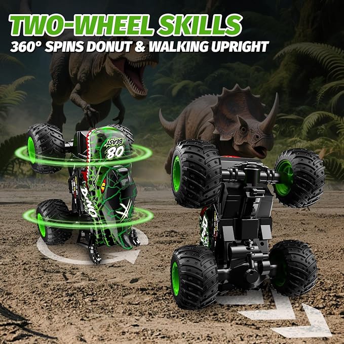 Gohero Monster Truck Toys for Kids 1:20 Dinosaur Toys RC Car Truck with 360° Spins &amp Drifting 2.4GHz All-Terrain Monster Trucks for Boys Age 4-7 | with LED Light Music &amp 2 Rechargeable Batt
