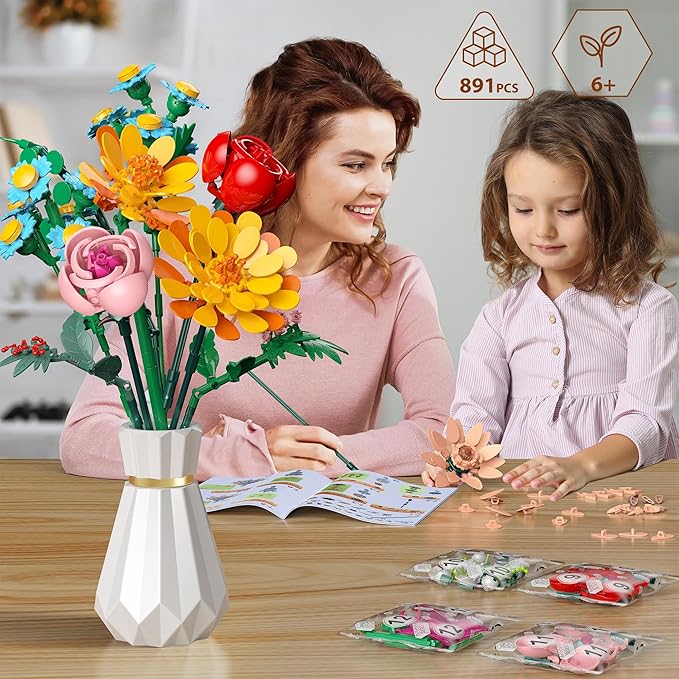 Flowers Bouquet Building Set 891 PCS Artificial Wildflower Botanical Collection Kit for Women Kids Girls Home Office Decor Gift for Mother's Day/Valentine's/Christmas