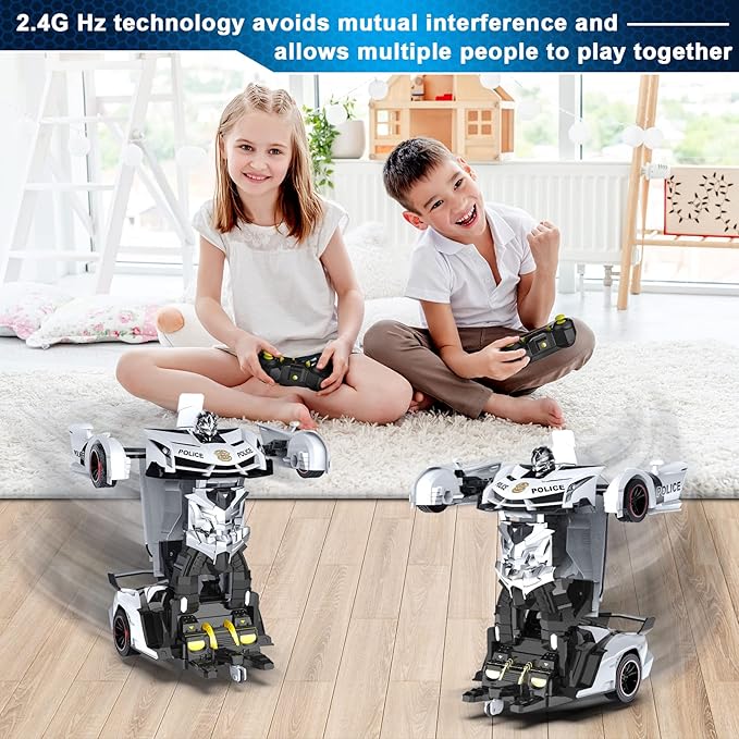 FDJ Remote Control Car - Transform Toys Car Robot One Button Deformation to Robot with Flashing Light 2.4Ghz 1:18 Scale Transforming Police Car Kids Toys with 360 Degree Rotating Girls Boys Toys
