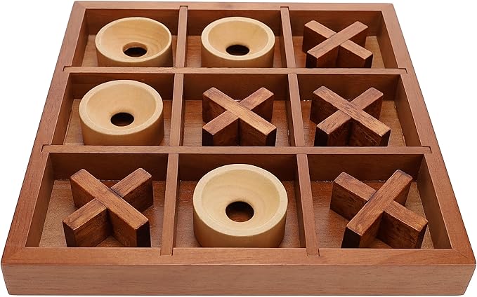 Wooden Tic Tac Toe Game – 9 Inch Solid Wood Board with X and O Pieces Decorative Coffee Table Game Classic Home Décor Accent