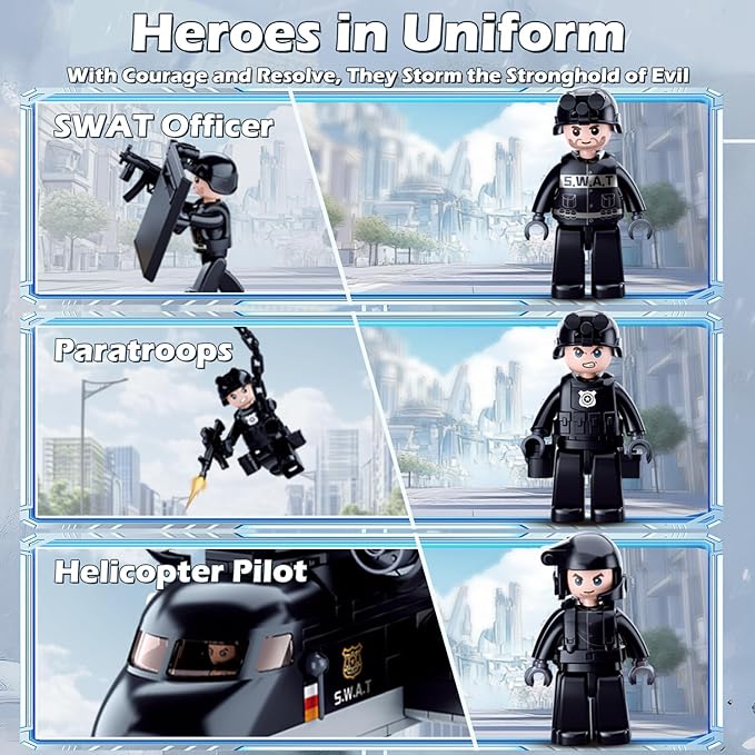 City SWAT Building Set - 7 Minifigures Helicopter Police Car &amp 830 Pieces - Compatible with Lego City Police Station - Gift for Boys &amp Girls Aged 6+