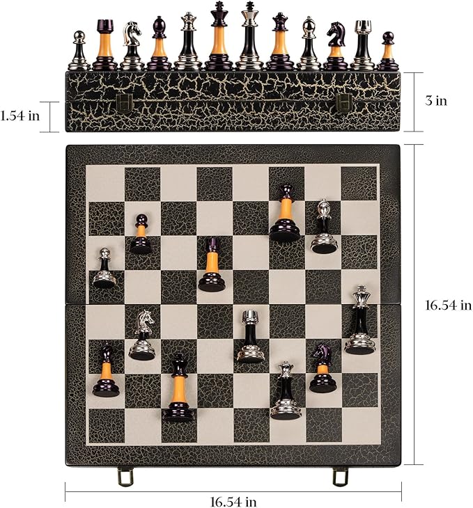 Chess Set 16 Wooden Foldable Black White Chess Board 3.5 Luxury Weighted Acrylic Chess Pieces with Storage Slots for Adults Children Gift Large