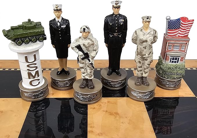 US Military Chess Set Army Navy Air Force or Marines. Choose 2 Branches of Men with 17 inch Walnut Color Storage Board (Navy vs Marines)