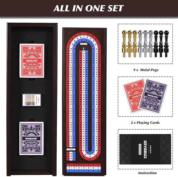 VAMSLOVE 16'' Cribbage Board Game Set Wooden 3-Track Scoreboard with Large Slots for Storing 2 Playing Cards and 9 Metal Pegs Travel Family Game Night (Instruction Included)