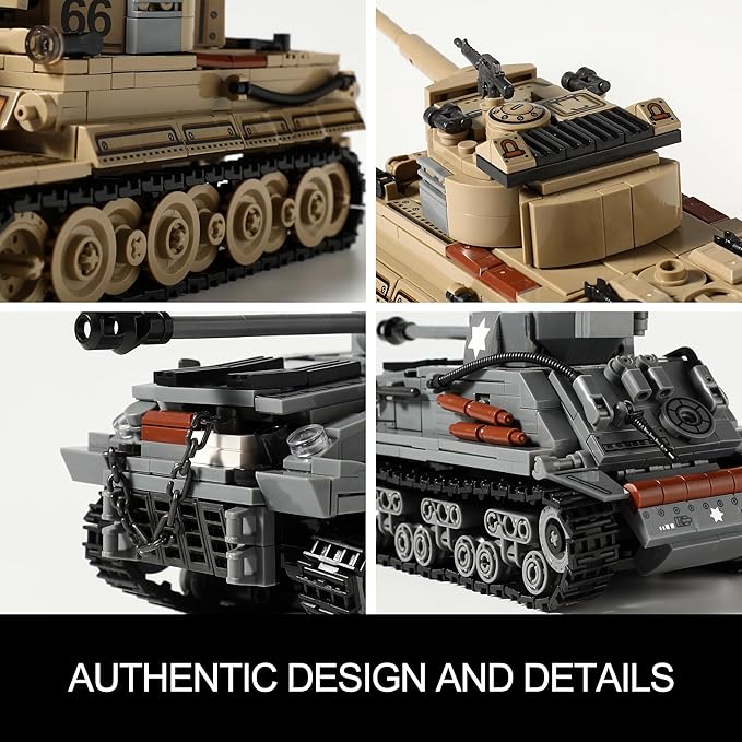 WW2 Army Tank Toys Building Kit Compatible with Lego Create a German Tiger &amp an American M4 Sherman Models with 1184 Blocks Great Military Toy Gifts for Boys Kids Age 8-14