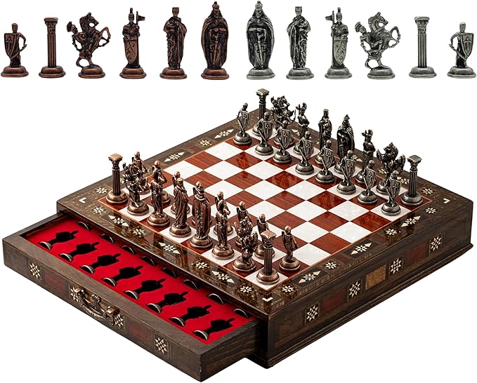 Luxury Wooden Chess Set with Metal British Army Pieces – Handmade Walnut Chess Board with Storage – Decorative Gift for Adults &amp Father Gift (Rose)