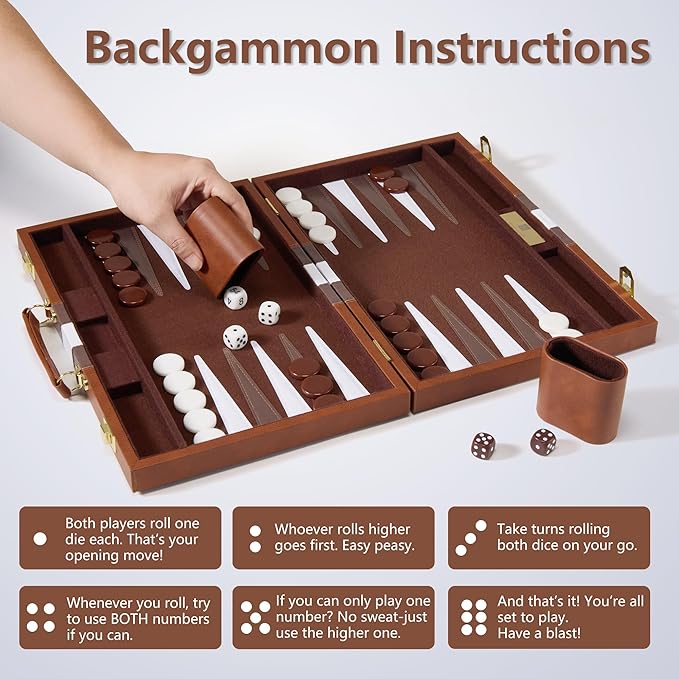 Backgammon Sets for Adults - 11 inch Classic Board Games for 2 Players Adults - Small Travel Backgammon Strategy Game Set with Premium Leather Case - Portable Backgammon Set Brown