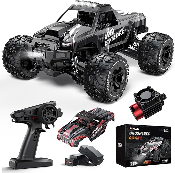 Evmore 1/16 Brushless RC Cars for Adults &amp Boys Fast 34 Mph Electric 4WD High Speed RC Car All-Road Remote Control RC Truck with Two 2S Lipo Batteries Compatible with 3S Lipo
