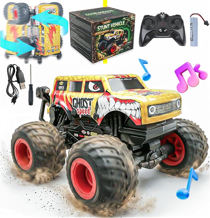 BEZGAR Monster Truck Toys Remote Control Monster Truck with Dancing Spins Lights &amp Music 1:20 Remote Control Car for Boys 4-7 5 6 7 8 9 10 +Year Old Boys Birthday Gifts (Yellow)