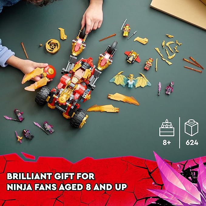 LEGO NINJAGO Kai’s Golden Dragon Raider Multi-Terrain Car Toy 71773 with Kai and Zane Minifigures Building Set for Kids Ages 8 Plus