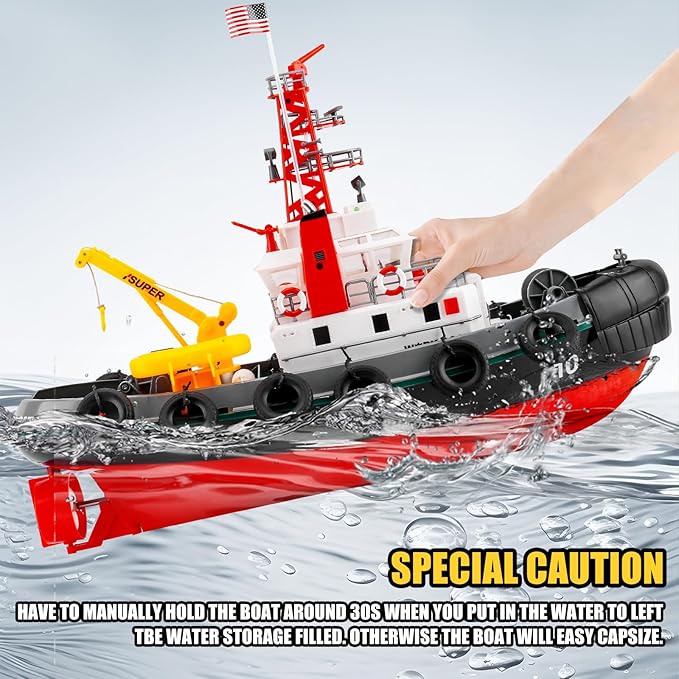 RC Boat HengLong 2.4GHZ US Fire Rescure Boat Remote Control FireBoat Water Spray with 2 Rechargeable Batteries Swimming Pool Lake for Age 14+