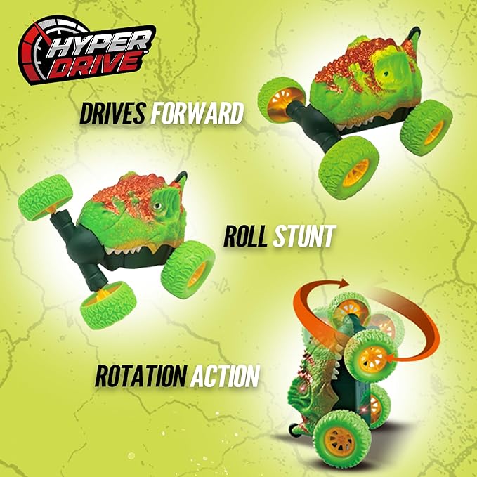 Hyper Drive RC Dinosaur Stunt Car - 360 Rolling Twister Light-Up Action Durable Remote-Control Toy for Boys and Girls Full-Function with Hand Controller Green