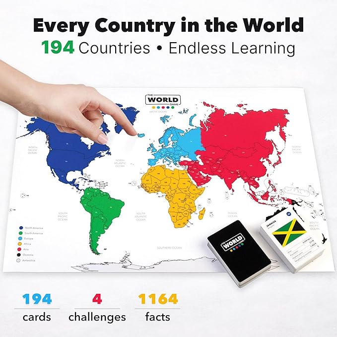 The World Game - Geography Card Game - Fun Game for Easter - Educational Games for Kids Family and Adults - Cool Learning Gift Idea for Teenage Boys &amp Girls 8-12 with Map