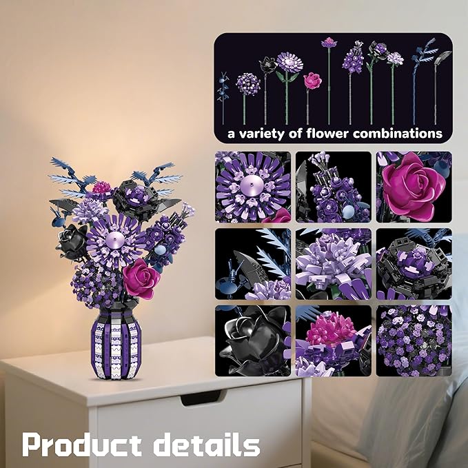 Purple Flower Bouquet Building Set with Vase Plant Botanical Collection for Adults Women Girl 14+ Gothic Home Decor