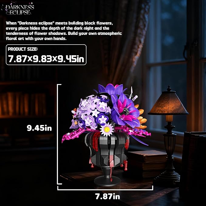 Purple Flowers Building Set Rose Bouquet Black Compatible with Lego Botanical Collection Gothic for Adults Women Home Office Decor