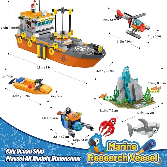 City Ocean Explorer Ship Building Set Exploration Boat Set Toy Building Block with LED Lights Helicopter Submarine and Shark Cage Birthday Gifts for 6 8 10 12 Years Old Boys Kids Girls