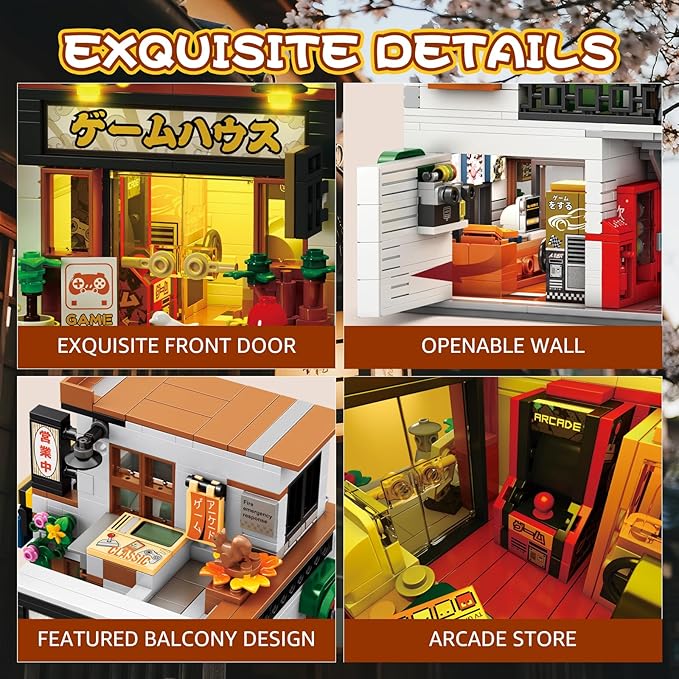 Reobrix Japanese Game Store Building Blocks with Light 2 in 1 Japanese Street View House Model Set 66503 Creative Modern Construction Toy Ideal Collectible Gifts for Adults and Boys
