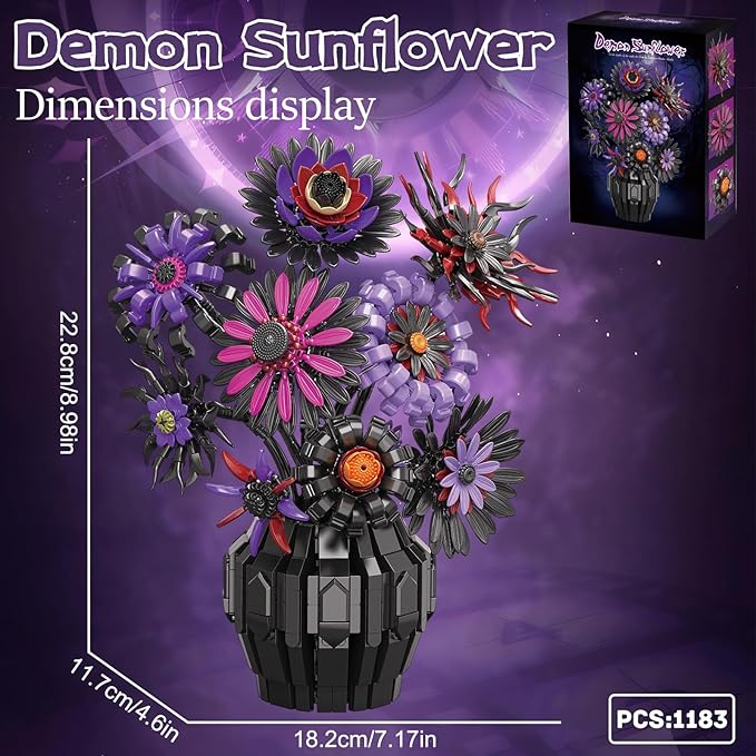 Flower Bouquet Building Blocks Set with Vase Purple Sunflower Brick Flowers DIY Artificial Flower Decor Building Toy for Adults Desk Home Decoration Gift for Women