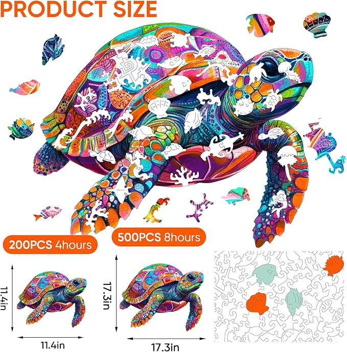 Mys Aurora Colorful Turtle Puzzles for Adults 200 Pieces 5MM Thick Wooden Jigsaw Puzzles Unique Shape Puzzle Ocean Wood Puzzles for Adults and Kids Birthday Gifts Family Game 11.4 * 11.4 inches