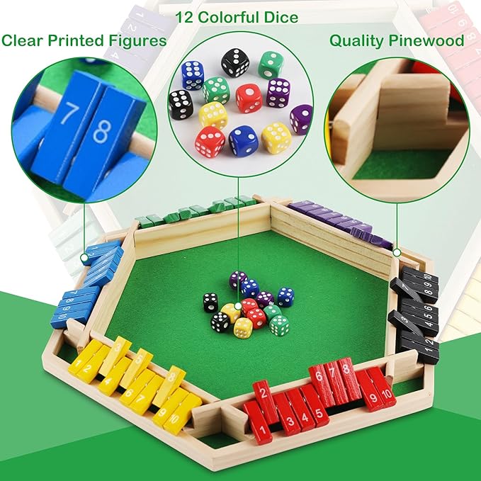 Shut The Box Game Wooden 1-6 Players Dice Board Game for Adults and Kids 10 Numbers Math Games - Educational and Entertaining Classic Table Flip Blocks for Family Game Night