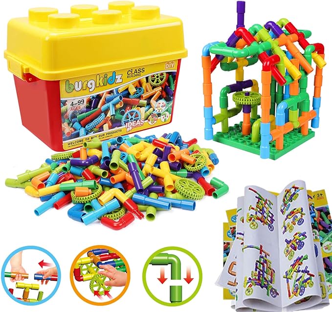 burgkidz STEM Learning Pipe Tube Construction Building Blocks Sensory Toys with Wheels Baseplate for All Ages Kids Boys Girls 188 Pcs