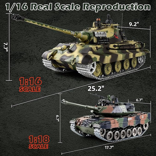 1/16 RC Tank Heng Long German King Tiger model Army Toy with Smoke Sound Light 2.4G Remote Control Tank That Shoot with Upgraded Metal Track Idler and Sprocket Wheel Steel Gearbox Two Batteries