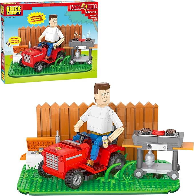 Brickcraft King of The Hill Hank Hill’s Backyard Building Kit (586-Piece Set) Hank Hill Figure Lawn Mower Grill &amp Cooler Animated TV Show Collectible Display Xmas Christmas