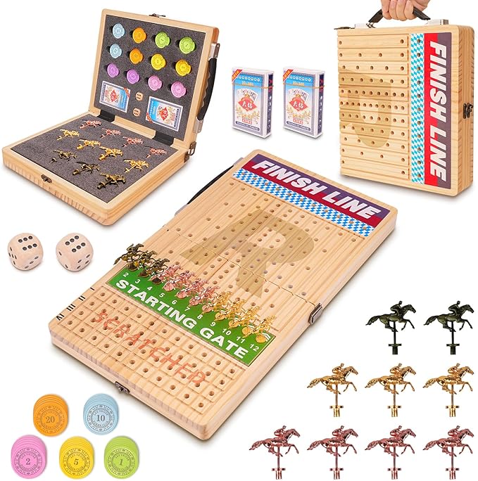 21 Large Horse Race Board Game - Solid Wood Horse Racing Game with 11 Metal Horses 60 Poker Chips Dice &amp Cards Foldable Tabletop Party Game for Adults Family Game Night &amp Friends