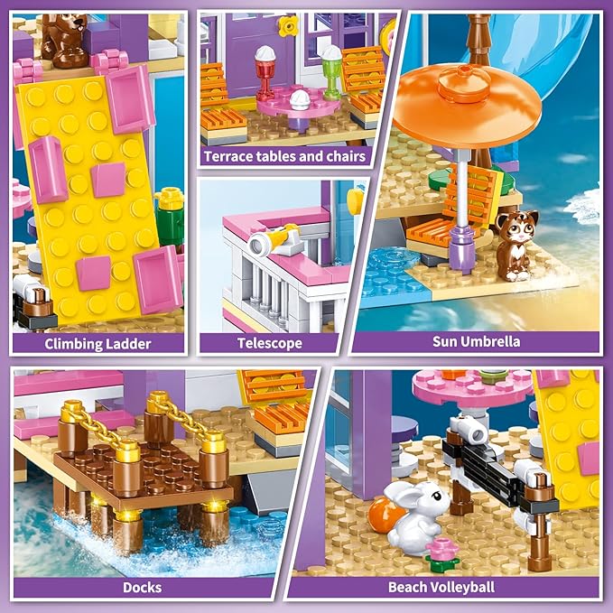 955 Pcs Friends Seaside Villa Building Set Beach House Building Block Toys STEM Creative Vacation Hut Brick Kit with HelicopterSailboatYachtBirthday Gifts for Kids Girls Boys Age 6-12+
