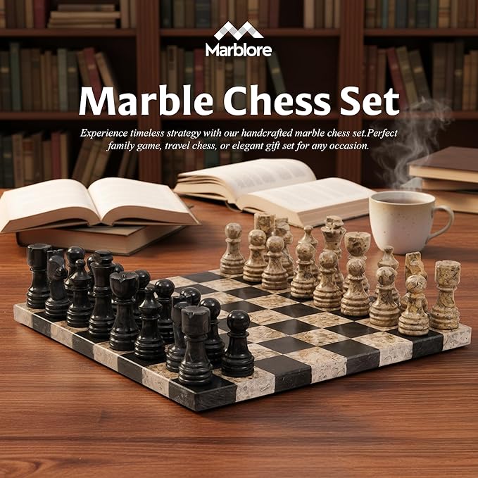 Marble Chess Set 12 Black &amp Coral with 32 Chess Pieces &amp 2 Extra Queens Board Games for Adults Luxury Chess Board &amp Valentines Day Gift for him