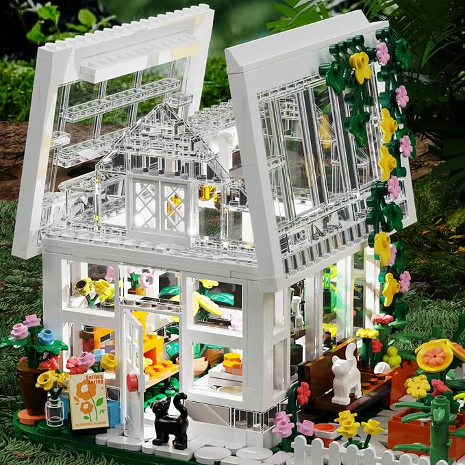 Flower House Building Mini Set with LED City Street View Greenhouse Building Blocks Toy Valentine Xmas Gift for Friends or Girls 8-12 Year