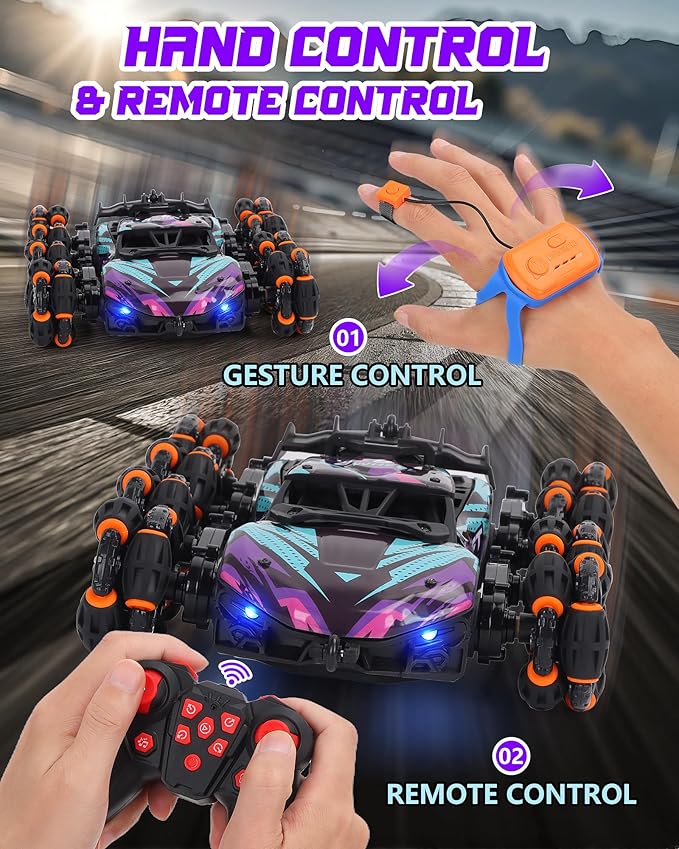 HuiJuKeJi 8WD RC Stunt Car with Gesture Sensing &amp Spray 2.4GHz Hand-Controlled Remote Control Car Toy with Light/Music Auto-Demo Mode Vehicle for Kids Ages 6-14 Birthday