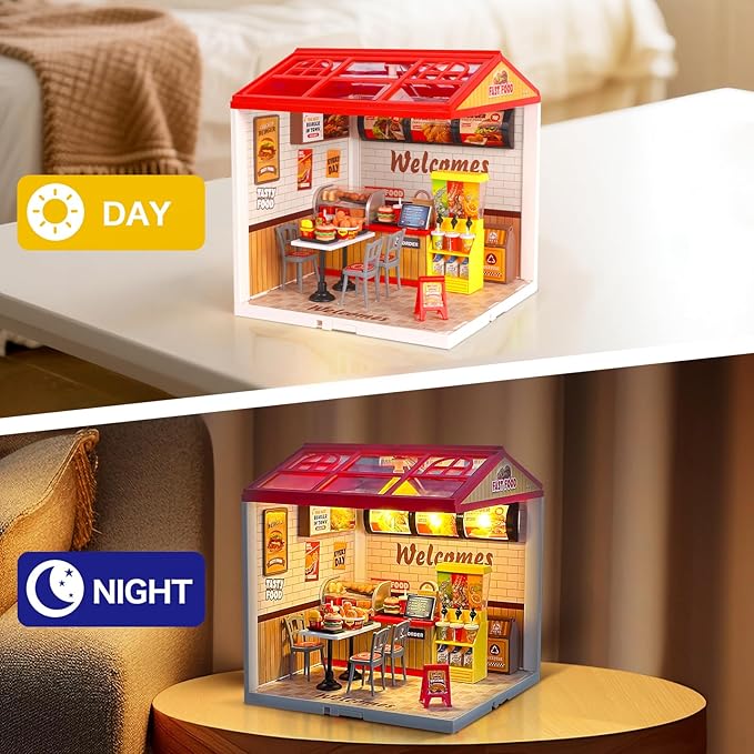 LED Building Blocks for Adults 1:24 DIY Miniature Dollhouse Kits with Roof &amp Dustproof Cover Tiny House Toy Building Sets for Kids Ages 8-12-15 Birthday Hobbies Gift for Men Women Boy Girl