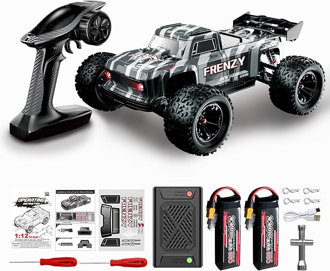 1:12 4WD RC Monster Truck Brushless Motor 70+km/h High Speed Double 3S Li-Po Battery with Balance Charger Waterproof All-Terrain Hobby Grade Remote Control Car for Adults