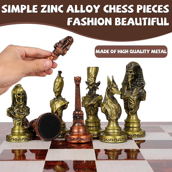 Large Egyptian Metal Chess Set for Adults – 15 Inch Foldable Wooden Chess Board with Weighted Antique Chess Pieces – Vintage Luxury Game Gift for CollectorsClassic Board Game