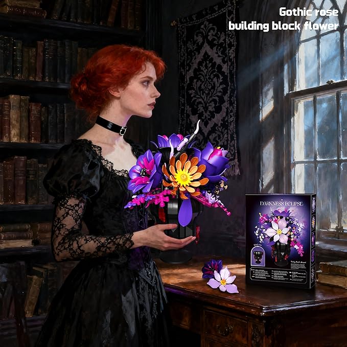 Purple Flowers Building Set Rose Bouquet Black Compatible with Lego Botanical Collection Gothic for Adults Women Home Office Decor