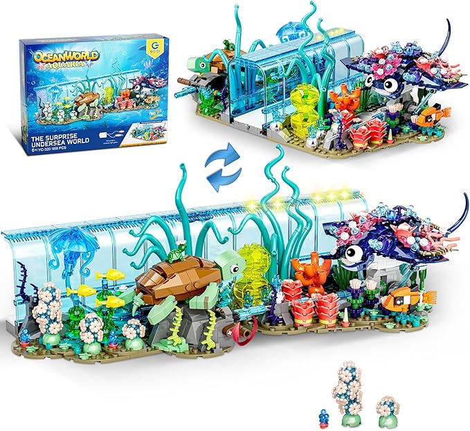Aquarium Building Blocks Set Compatible with Lego Fish Tank Creative Foldable 2 Styles Ocean Fish Animals Building Blocks Toys Gift for Adults Boys Girls 8-12+ Including Marine Turtle Jellyfish