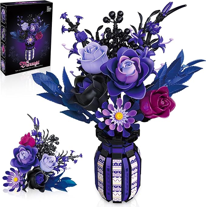 Purple Flowers Building Set with Vase for Adults Gothic Black Roses Floral Bouquet Compatible with Lego Botanical Collection Cool Home Office Decor Valentine Gift for Her Women Girls 14+