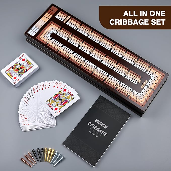 VAMSLOVE Upgraded Wooden 4-Track Cribbage Board Game Magnetic Scoreboard with Large Slots for Storing 2 Playing Cards and 12 Metal Pegs Travel Family Game Night (Instruction Included)