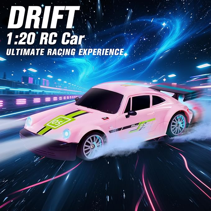 SANCO 1:20 RC Drift Car - 2.4G Drifting Car with Dual Tire System &amp LED Lights 20+KM/H 50-Minute Playtime Racing Toy Remote Control for Adults Boys Girls 2pcs Rechargeable Batteries （Pink）