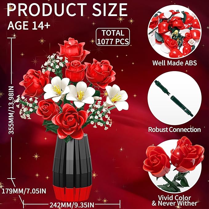 Rose Flowers Bouquet Building Set with Vase Included 1077 PCS Artificial Flowers Botanical Collection Kit for Adults Women Men &amp Teen Girl Mother's Day Birthday Gifts for Mom Her Wife Girlfriend
