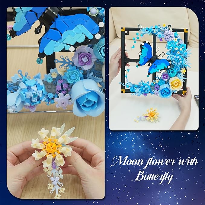 Moon Flower Building Set with Lights 1141 PCS Wall Botanical Flowers Building Block Kit with Butterfly Floral Plant Collection Office Home Decor Gift for Her Adults Women Boys Girls 12+