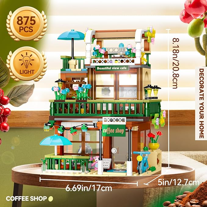 3 in 1 Street View Coffee Shop City Building Set Compatible with City House Modular Simulation Architecture Construction Toy with LED Lights Gift for Adults and Girls Kids Aged 8+(875 PCS)