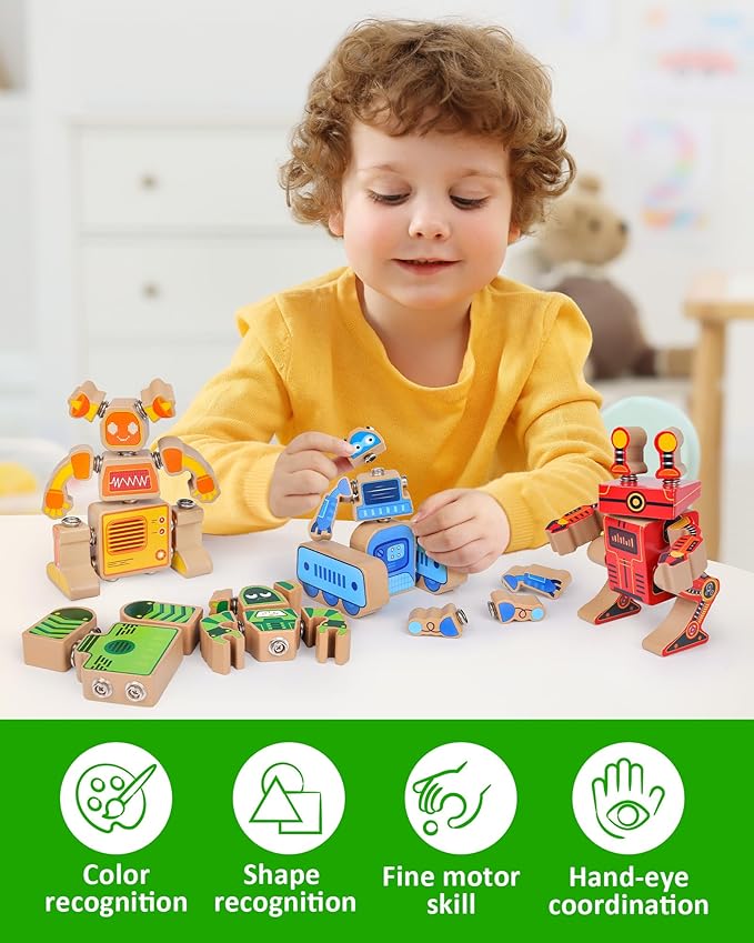 Coogam Fine Motor Building Robot Blocks for 3 4 5 Years Old Kids Wooden Snap Together Builders STEM Take Apart Robot Playset Educational Learning Toy Gift for Boys Girls