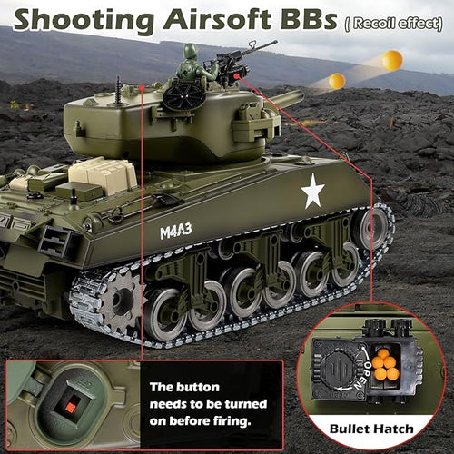 1:18 RC Tank for Adult and Kid 2.4G US M4A3 Sherman Alloy Metal Tracks Model Toys RC Vehicle Tank That Shoots BBS with Smoke Lights Sound Military Army Toys with 2 Rechargeable Battery