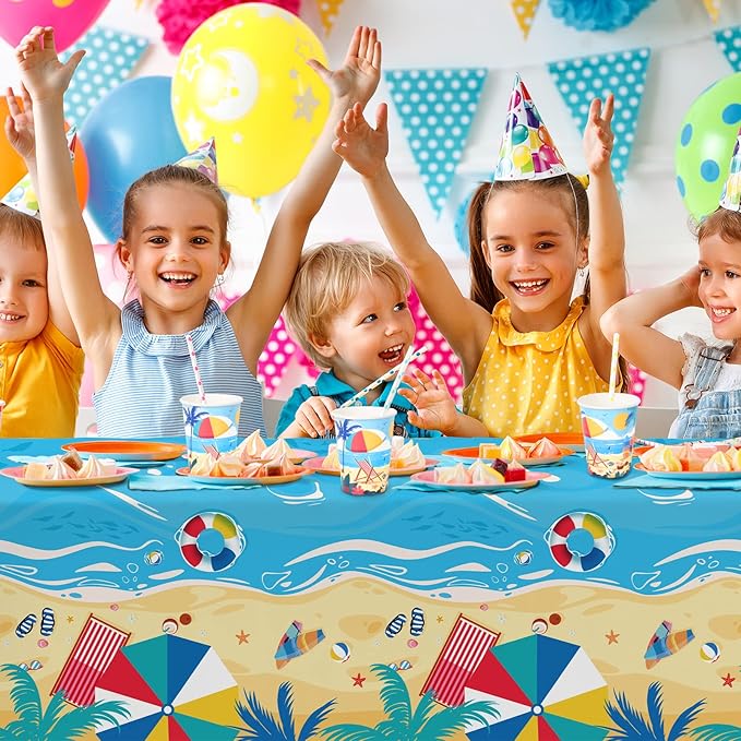 Beach Theme Party Supplies Summer Pool Pack Includes: Paper Dinner Plates Dessert Plates Luncheon Napkins Cups and Tablecloth for Hawaiian Party Birthday Decorations Serve 25