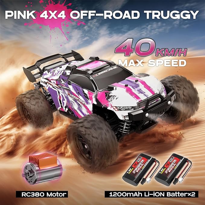 YESHIN 1:18 Waterproof Pink RC Car Toys 4X4 All Terrain Hobby Remote Control Truck with 2 Rechargeable Batteries Toy Vehicle Gift for Adults