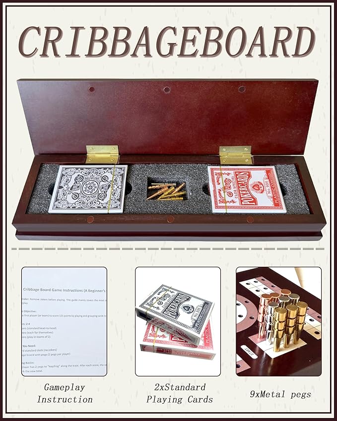 Wooden Cribbage Board Game Set with Cards &amp Metal Pegs – Foldable 3 Track Cribbage Board with Magnetic Lock Large Storage Area – Travel Portable Cribbage Game for Adults &amp Family